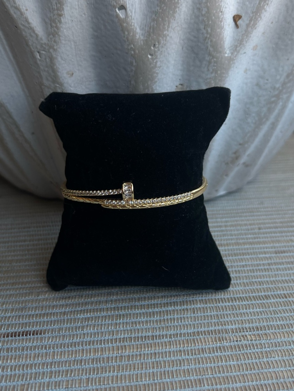 Gold-Tone Pavé Crystal nail accent Wrap Bangle Bracelet with engraved x